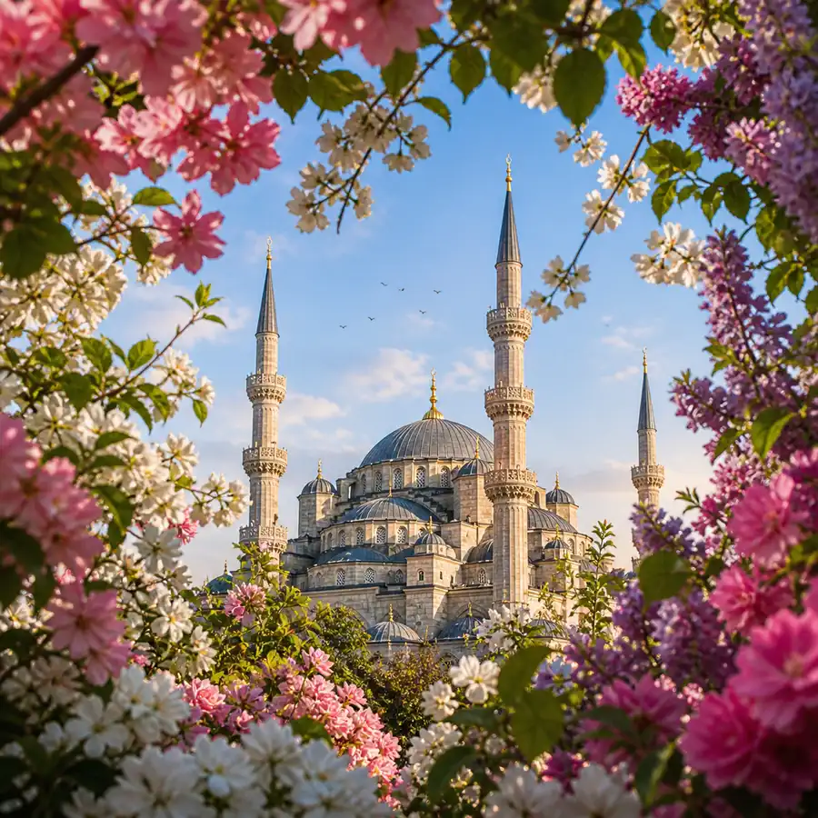 çiçekler içinde cami resmi